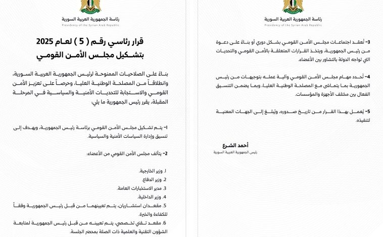 في سوريا قرار بتشكيل مجلس الأمن القومي في سوريا قرار بتشكيل مجلس الأمن القومي